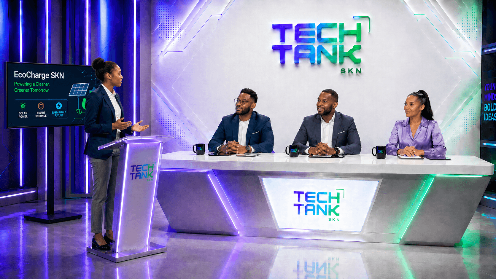 Woman presenting a green energy project to three judges in a modern Tech Tank studio.