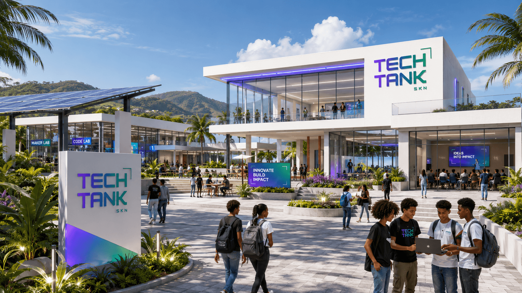 Modern Tech Tank SKN campus featuring students collaborating outdoors amidst tropical greenery and mountains.