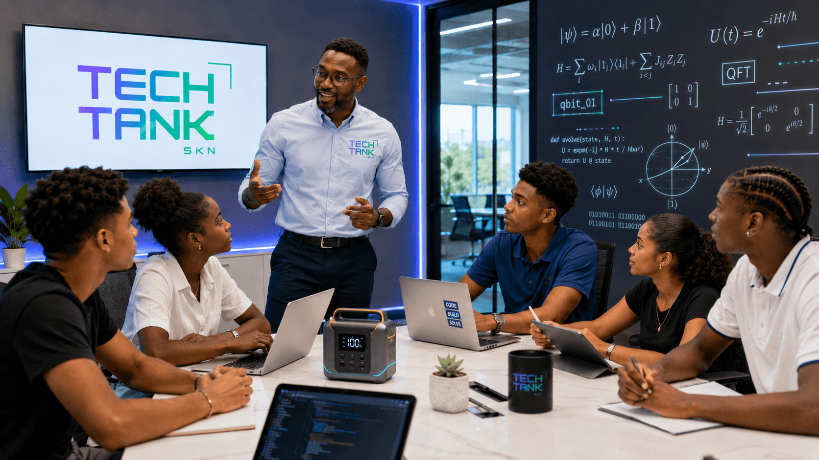 A man leads a tech presentation for young professionals in a room with scientific equations.