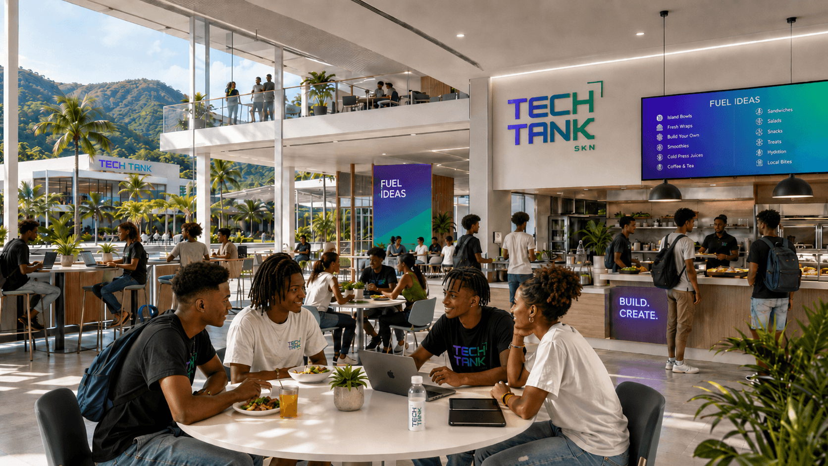 Diverse young adults collaborate in a modern Tech Tank facility with a tropical mountain backdrop.