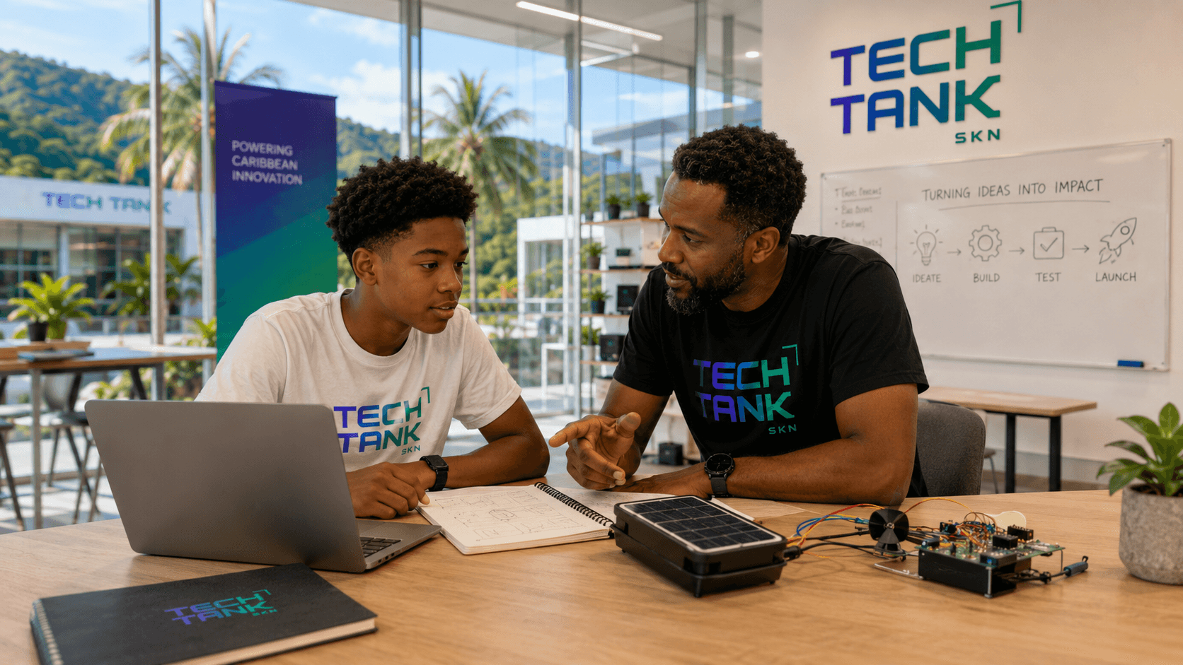A mentor and student collaborate on a solar energy project in a modern tech workshop.