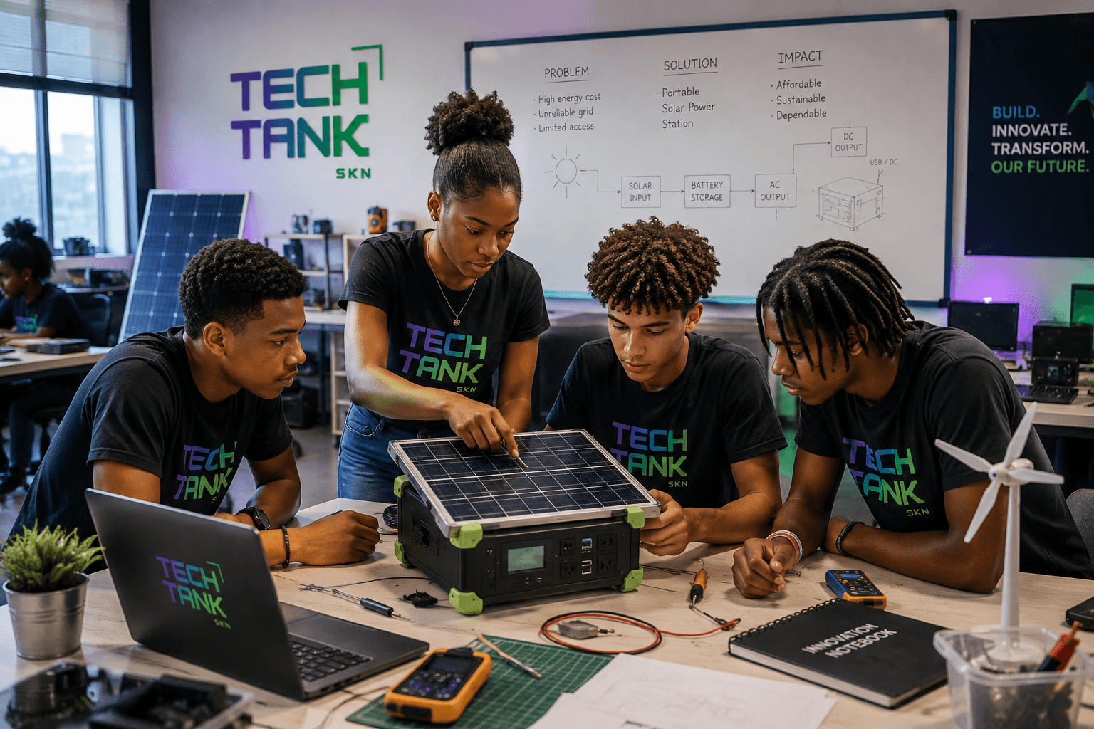 Four young students collaborate on a portable solar power station in a modern workshop.