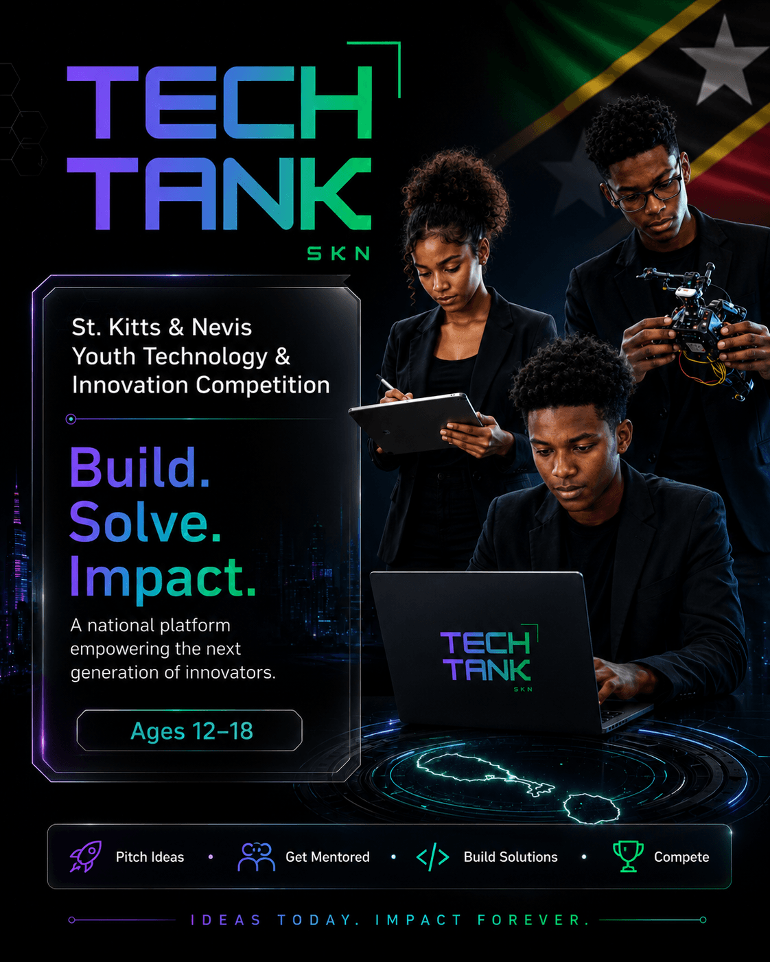 Tech Tank SKN poster featuring three young innovators working with a laptop, tablet, and drone.
